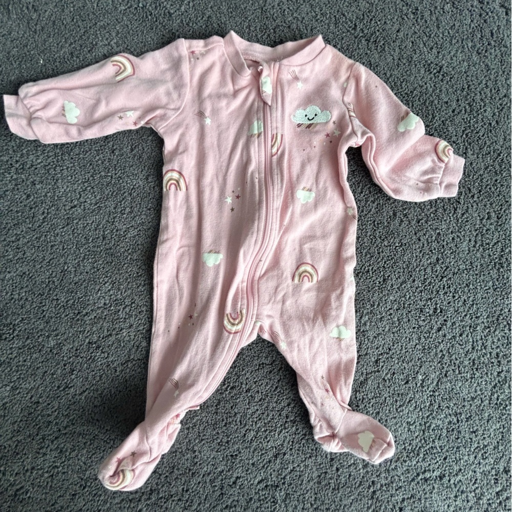 Cozy Pink Footie with Rainbow and Cloud Pattern